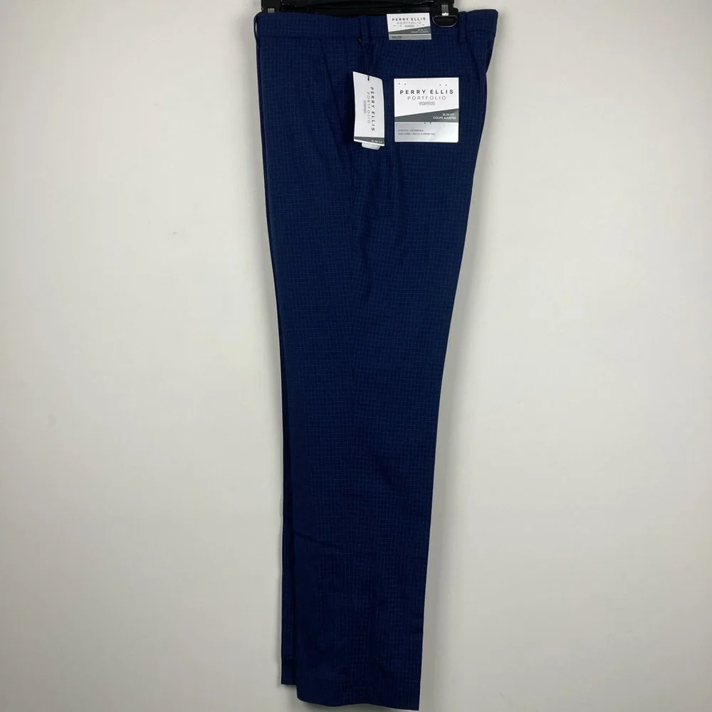 Perry Ellis Mens Modern fit Dress Pants 34W 30L Blue Micro Plaid Stretch